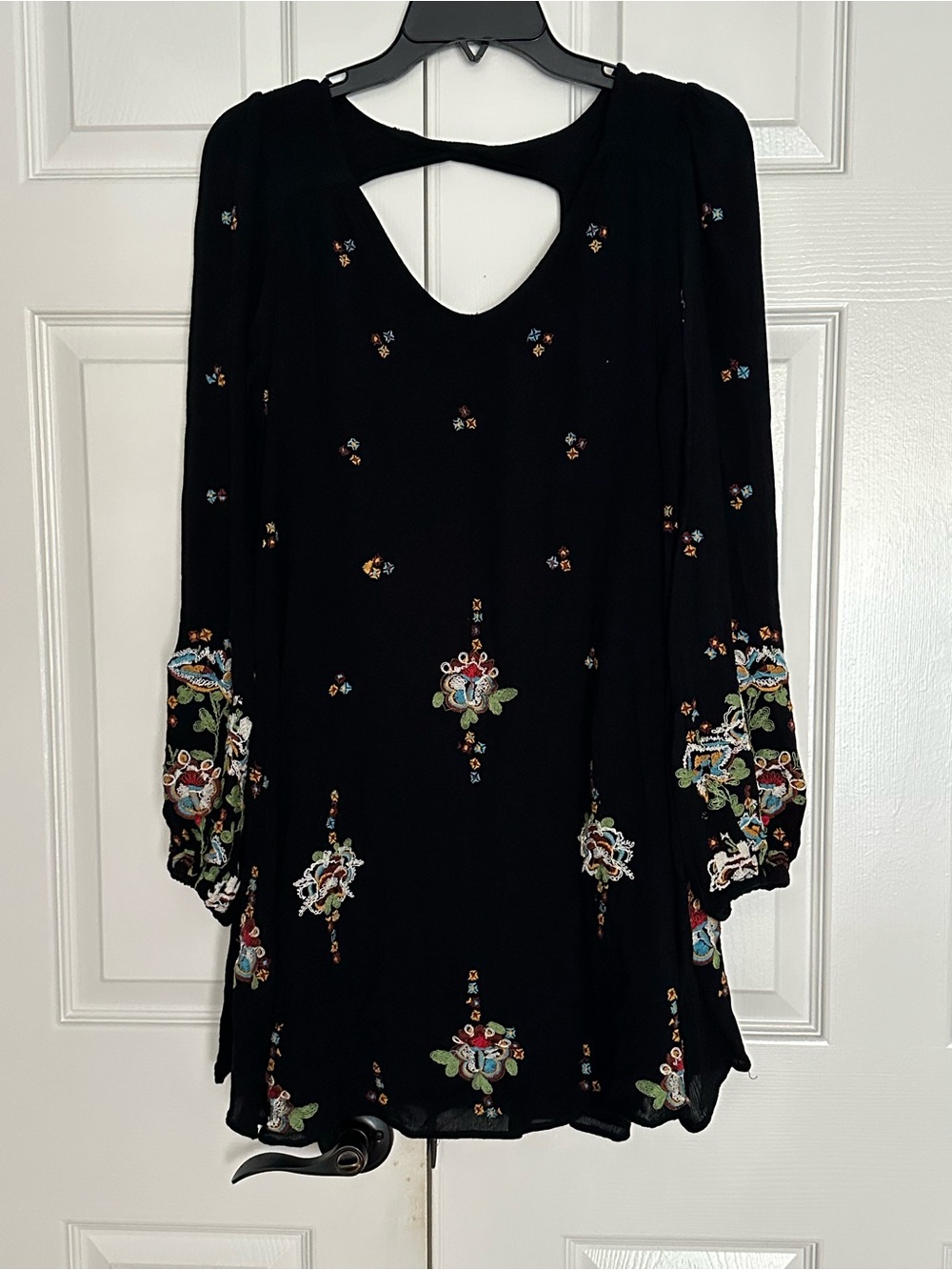 Free People Oxford Black Embroidered Boho Long Sleeve Dress size XS